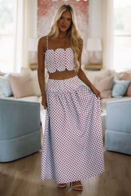 Marina Muse Dots Crop Top and Maxi Skirt Set - Blue and Red